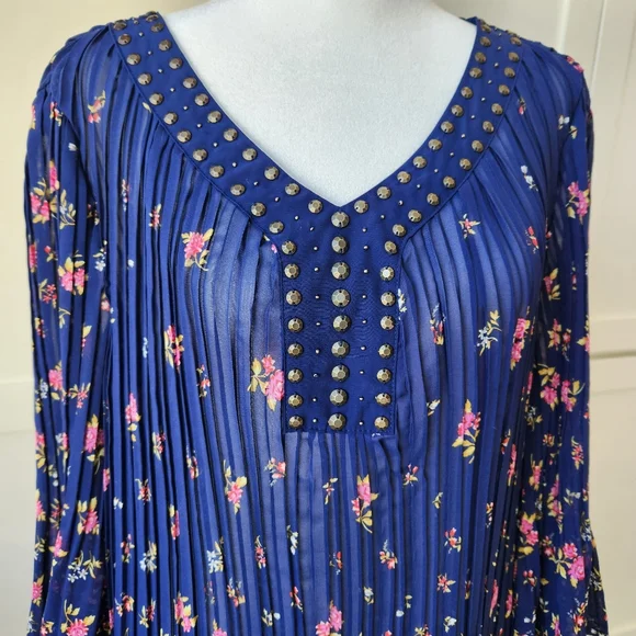 Woman Within Sheer Pleated Blouse Top Floral Print Navy Blue Pink Plus Large 18 - Picture 5 of 16